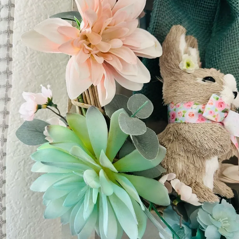 Easter Bunny Spring Farmhouse Floral Rustic Wooden Wreath Wall Decor